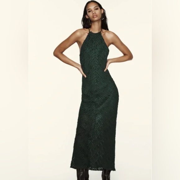 Zara HALTER DRESS WITH FRINGE. Bottle Green. Size S. New with Tags. - Picture 7 of 12